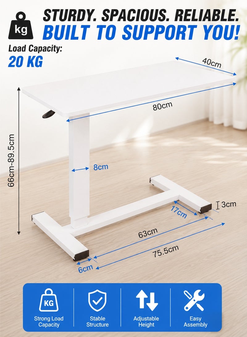 WALALLA Adjustable Overbed Table with Rolling Wheels, 80x40cm C-Shaped Laptop Desk, Height Adjustable Bedside Sofa Side Table for Working, Reading, Dining, Couch & Living Room, White - Image 2