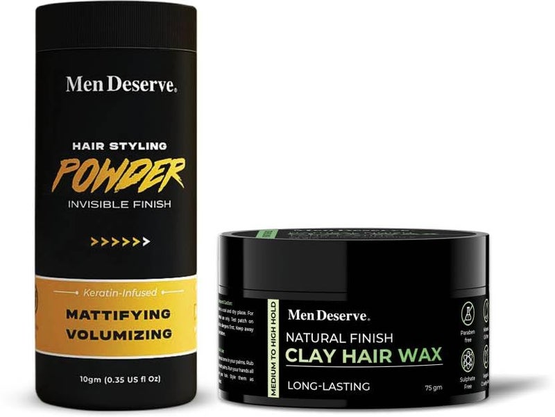 MEN DESERVE Hair Styling Combo  Natural Finish Hair Clay  Hair Volumizing Powder Wax 10g  75g - Image 1