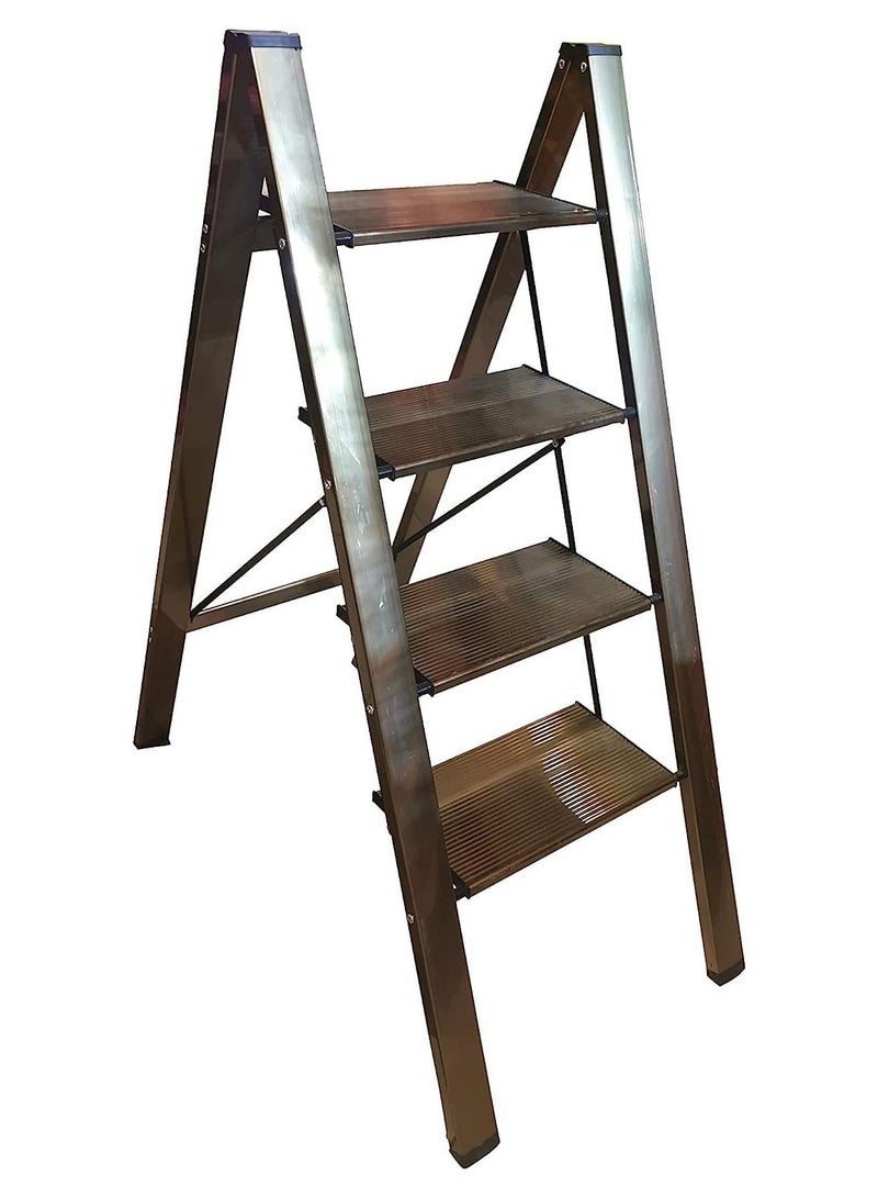 سلم من الالومنيوم بـ4 درجات قابل للطي، مقعد مع دواسة قوية مضادة للانزلاق وعريضة خفيفة الوزن، سلم محمول متعدد الاستخدامات للاستخدام المنزلي والمطبخ موفر للمساحة (4 خطوات، ذهبي فاتح) - Image 1