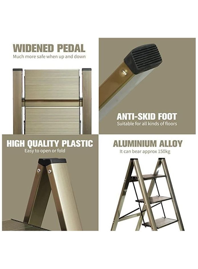 سلم من الالومنيوم بـ4 درجات قابل للطي، مقعد مع دواسة قوية مضادة للانزلاق وعريضة خفيفة الوزن، سلم محمول متعدد الاستخدامات للاستخدام المنزلي والمطبخ موفر للمساحة (4 خطوات، ذهبي فاتح) - Image 2