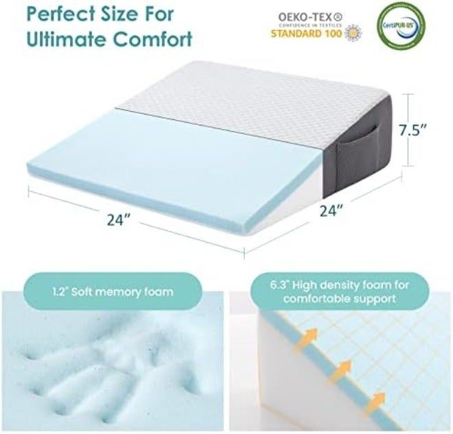 7.5" Bed Wedge Pillow for Sleeping After Surgery, Back Support, Leg Elevation, Gerd Acid Reflux, Relief Neck Pain, Sleep Apnea, Snoring, Cooling Bamboo Memory Foam Triangle Incline  Wedge - Image 4