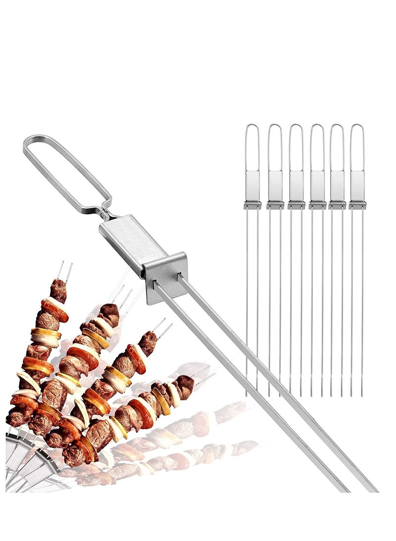 Y&D Skewers for Grilling Double Pronged BBQ with Push Bar Shish Kebab Stainless Steel Skewer Sticks Camping or family Reusable 6 Pack  - Image 1
