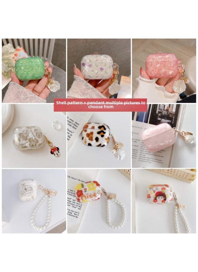 Generic - Suitable For AirPods 4 Headset Protective Cover Cartoon Shell Pattern For Apple1/2/3 Generation Pro2 Bluetooth Pendant Bracelet-Color:Shell Pattern + Shell Pendant-White-Model:Airpods 4 (protective Case) - Image 1