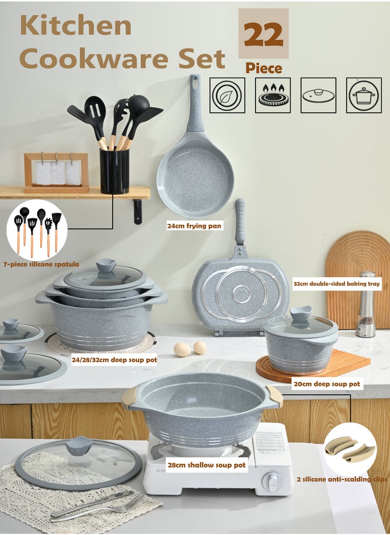 Rockland 22-piece Granite-coated Non-stick Cookware Set For All Stoves, Including Frying Pan, Stew Pan, Sauté Pan, Roasting Pan And Spatula Set, Pfoa-free, Glass Lid With Silicone Rim And Non-slip Handle (Gray)  - Image 1