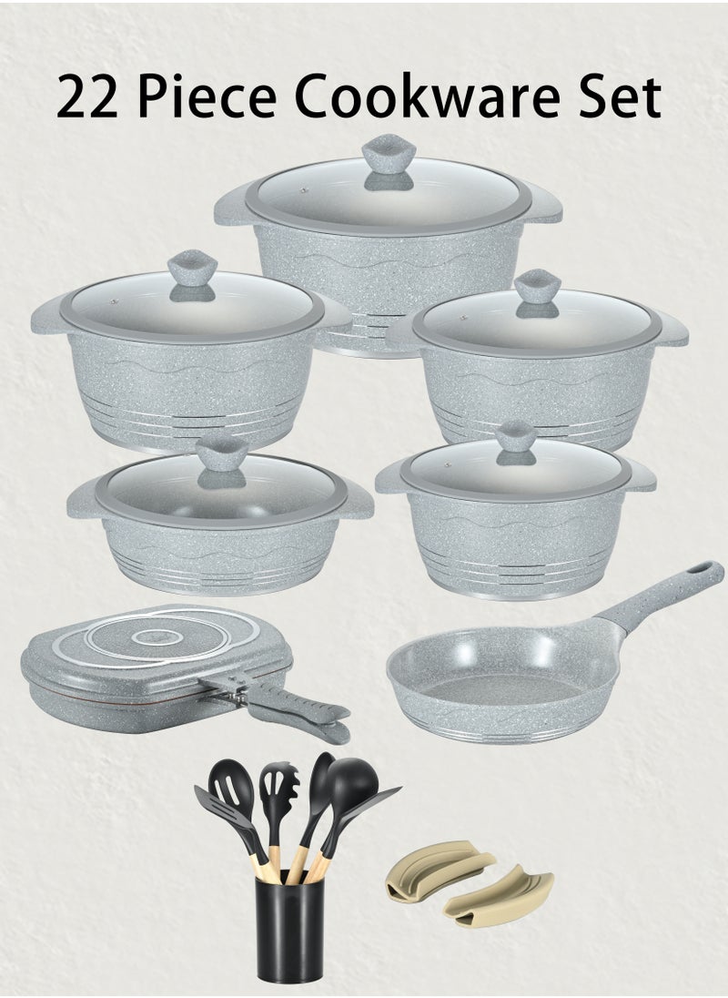 Rockland 22-piece Granite-coated Non-stick Cookware Set For All Stoves, Including Frying Pan, Stew Pan, Sauté Pan, Roasting Pan And Spatula Set, Pfoa-free, Glass Lid With Silicone Rim And Non-slip Handle (Gray)  - Image 2