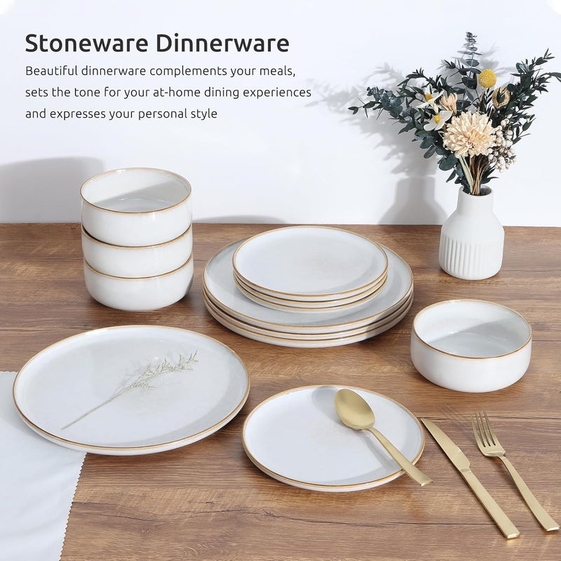 E-far طقم أطباق وأوعية إيفار لـ 4 أشخاص 12 قطعة من الخزف الحجري مع طلاء تفاعلي آمن للاستخدام في الميكروويف وغسالة الصحون باللون الأبيض على شكل صدفة - Image 3