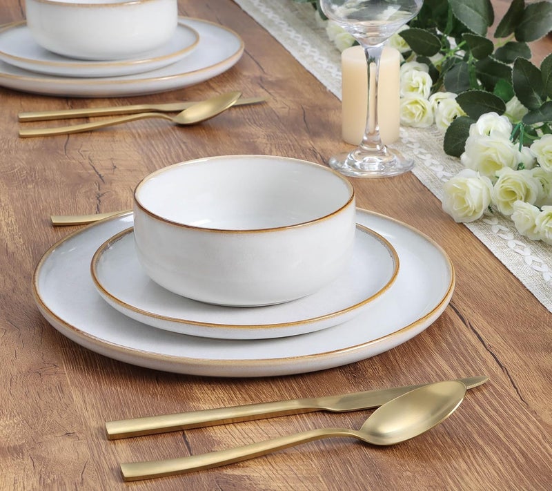 E-far طقم أطباق وأوعية إيفار لـ 4 أشخاص 12 قطعة من الخزف الحجري مع طلاء تفاعلي آمن للاستخدام في الميكروويف وغسالة الصحون باللون الأبيض على شكل صدفة - Image 5