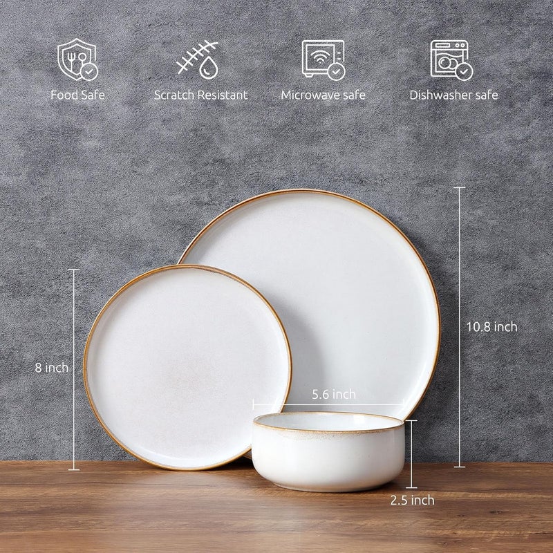 E-far طقم أطباق وأوعية إيفار لـ 4 أشخاص 12 قطعة من الخزف الحجري مع طلاء تفاعلي آمن للاستخدام في الميكروويف وغسالة الصحون باللون الأبيض على شكل صدفة - Image 2