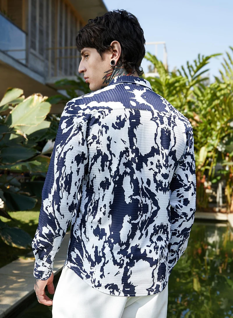 كامبوس سوترا Men's Indigo Blue & Chalk White Splash-Tactile Shirt