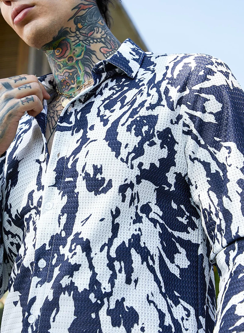 كامبوس سوترا Men's Indigo Blue & Chalk White Splash-Tactile Shirt