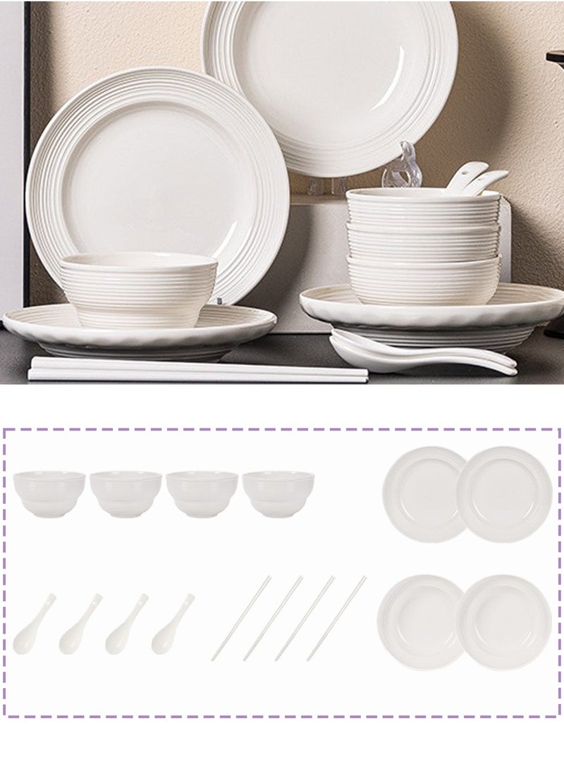 16 - Piece High - Quality Ceramic Dinnerware Set, Pure White With Thread Pattern, Great For Home Dining And Gifting, Minimalist & High - End - Image 1