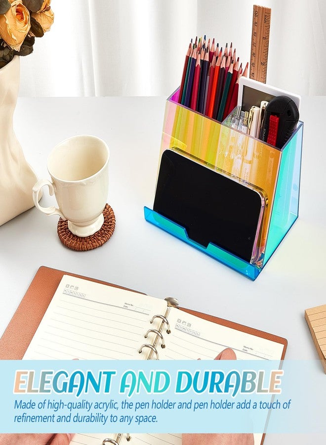 Engrowtic 2 Pcs Rainbow Iridescent Acrylic Pen and Phone Holder, Colorful Transparent Pencil Organizer with 2 Compartments Iridescent Office Supplies with Built in Phone Stand for Desk vanity office - Image 2