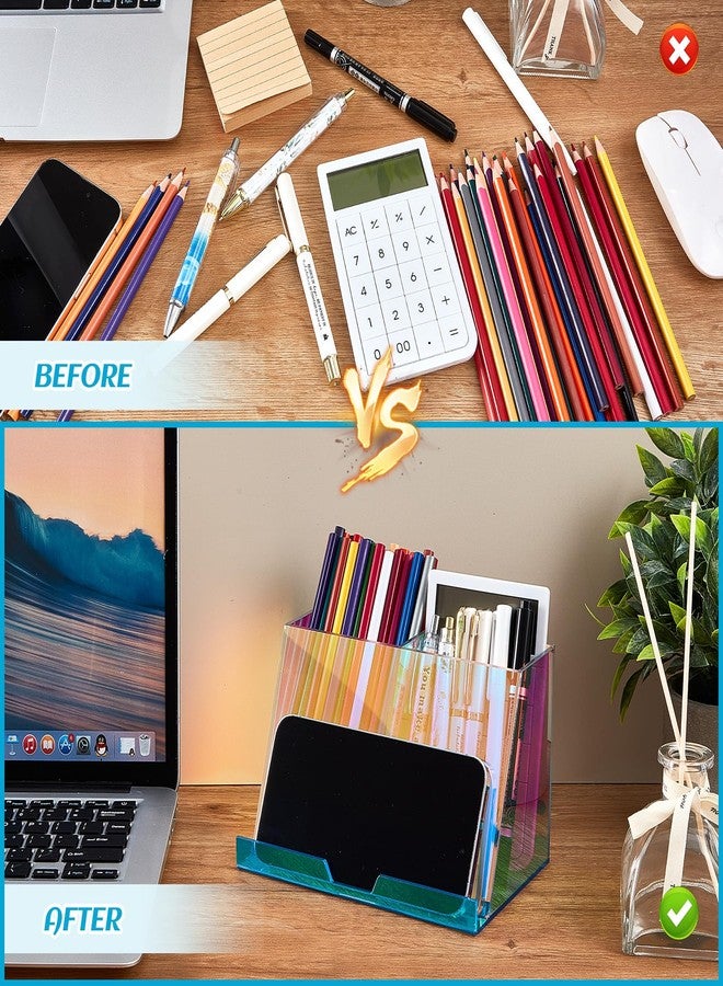 Engrowtic 2 Pcs Rainbow Iridescent Acrylic Pen and Phone Holder, Colorful Transparent Pencil Organizer with 2 Compartments Iridescent Office Supplies with Built in Phone Stand for Desk vanity office - Image 5