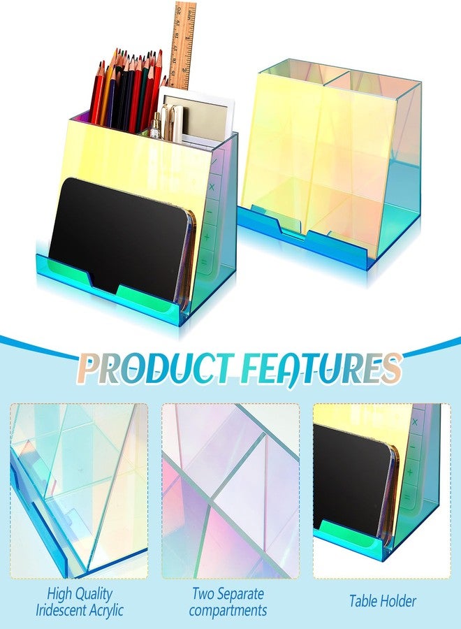 Engrowtic 2 Pcs Rainbow Iridescent Acrylic Pen and Phone Holder, Colorful Transparent Pencil Organizer with 2 Compartments Iridescent Office Supplies with Built in Phone Stand for Desk vanity office - Image 4