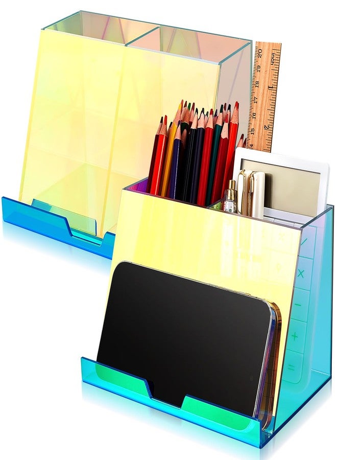 Engrowtic 2 Pcs Rainbow Iridescent Acrylic Pen and Phone Holder, Colorful Transparent Pencil Organizer with 2 Compartments Iridescent Office Supplies with Built in Phone Stand for Desk vanity office - Image 1