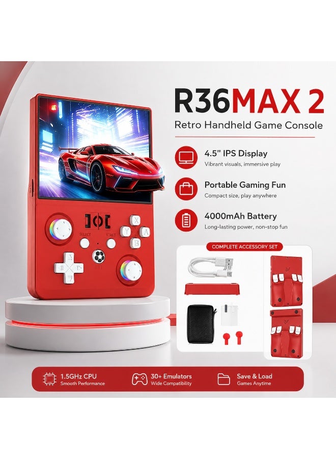 R36MAX 2 Retro Handheld Game Console – 4.5” IPS HD Portable Emulator Device, 1.5GHz High-Speed Processor, Supports 30+ Game Systems, 4000mAh Long Battery, Classic Retro Arcade Gaming RED - Image 3