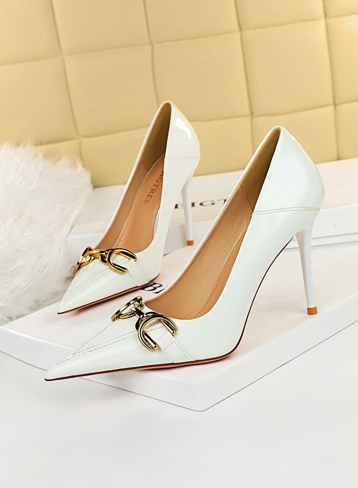 بيج تري Women's Elegant Stiletto Pumps With Metal Belt Buckle 10.5 CM Fashion Gorgeous Closed Pointed Toe Slip On Solid High Heels White - Image 1