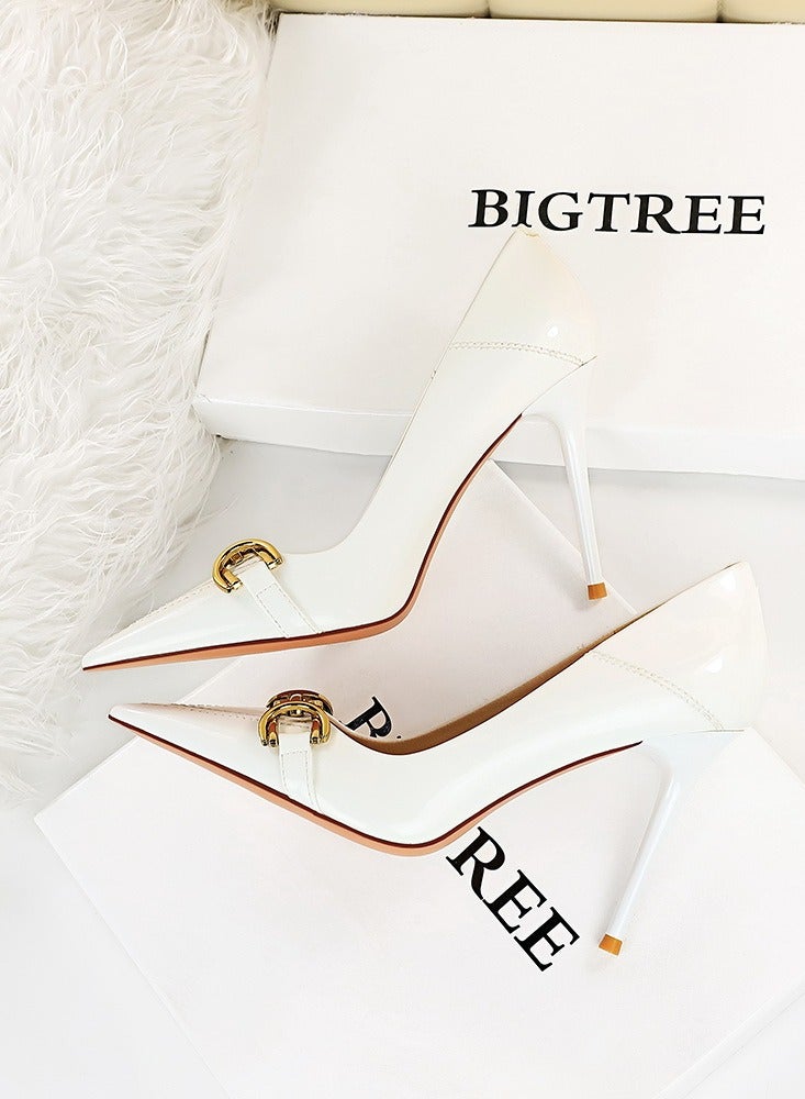 بيج تري Women's Elegant Stiletto Pumps With Metal Belt Buckle 10.5 CM Fashion Gorgeous Closed Pointed Toe Slip On Solid High Heels White - Image 3