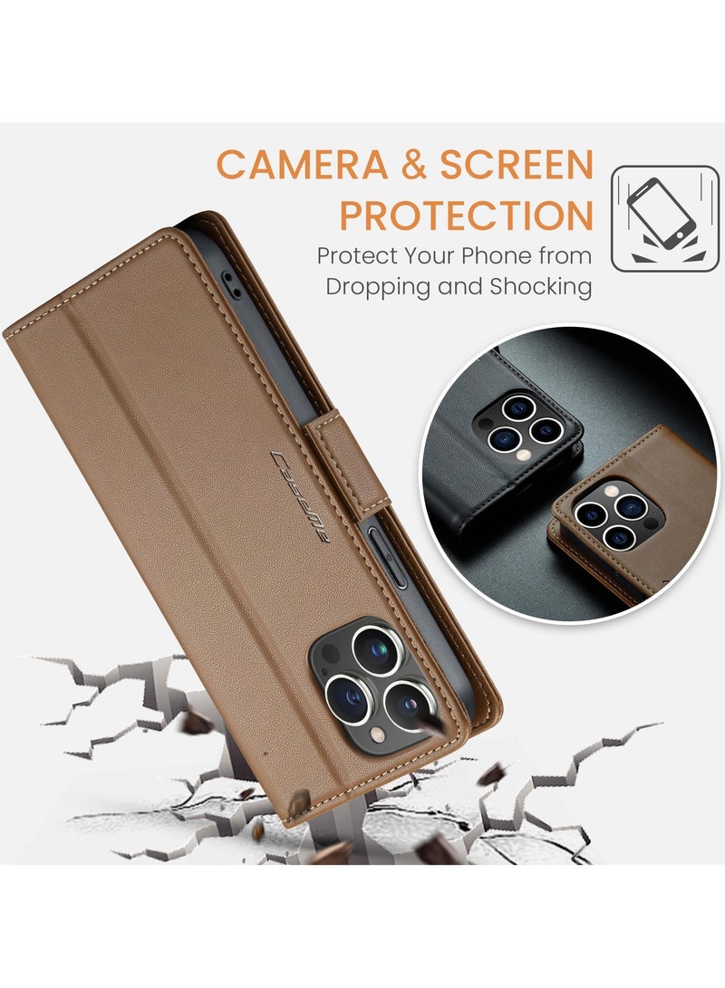 CaseMe Phone Case Luxury PU Leather Design Anti Fingerprint 023 Flip Cover Card Slot Holder Cover For Iphone 13 Pro Max (Brown) - Image 2