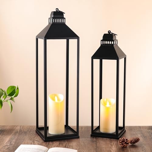 MATAHUM 23" 19" Large Lanterns Decorative Outdoor Indoor, Set of 2 Modern Farmhouse Black Floor Lantern with Candles, Halloween, Christmas Lanterns for Fireplace, Mantle, Porch, Patio, Home Decor - Image 1