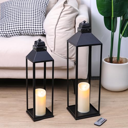 MATAHUM 23" 19" Large Lanterns Decorative Outdoor Indoor, Set of 2 Modern Farmhouse Black Floor Lantern with Candles, Halloween, Christmas Lanterns for Fireplace, Mantle, Porch, Patio, Home Decor - Image 3