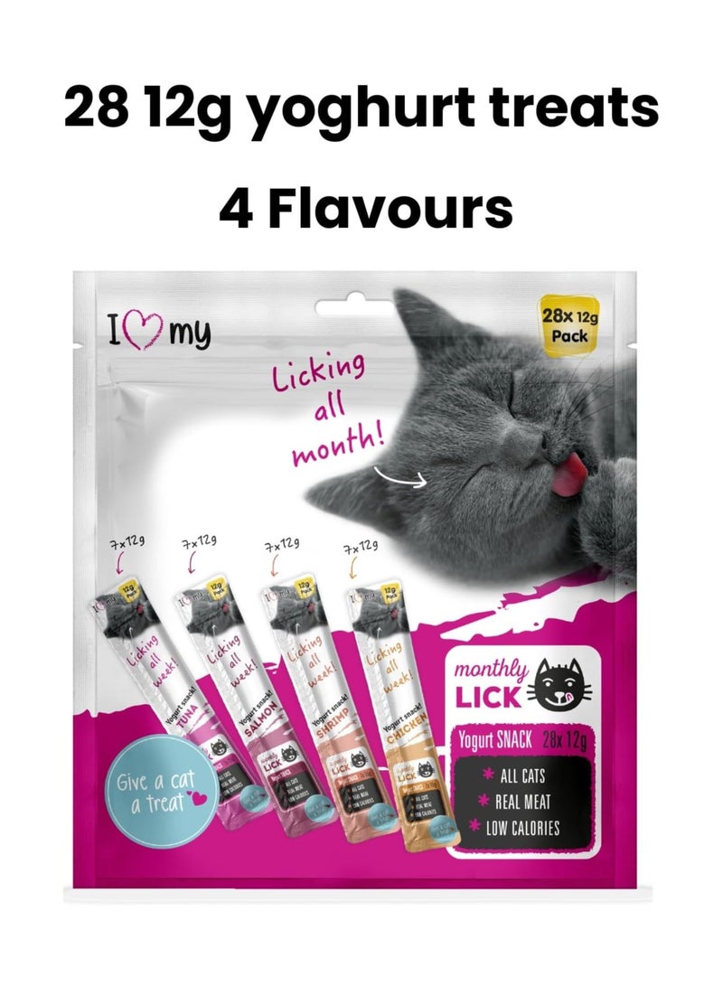 I LOVE Cat Yoghurt Treat Variety 12g Treats Chicken Salmon Tuna Shrimp Creamy Monthly Licks Pack of 28 - Image 1