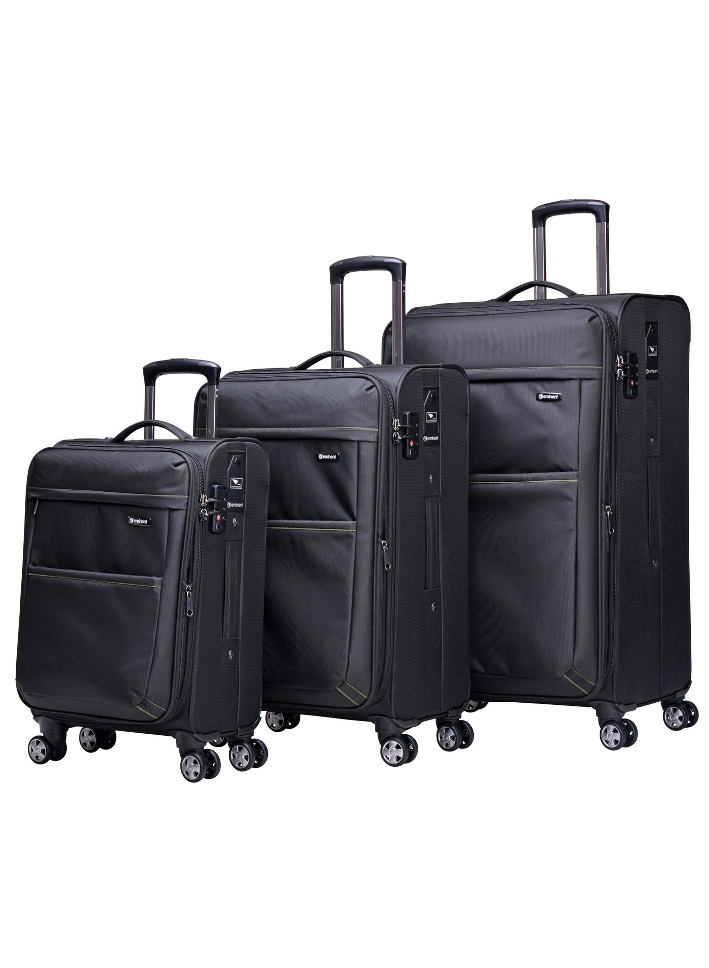 eminent Soft Shell Travel Bag Expandable Trolley Luggage Set of 3 for Unisex Polyester Light Weight Suitcase with TSA lock 4 Quiet Double Spinner Wheels V6093SZ Black