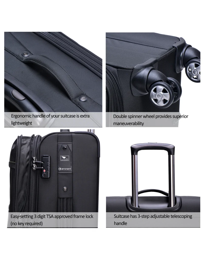 eminent Soft Shell Travel Bag Expandable Trolley Luggage Set of 3 for Unisex Polyester Light Weight Suitcase with TSA lock 4 Quiet Double Spinner Wheels V6093SZ Black