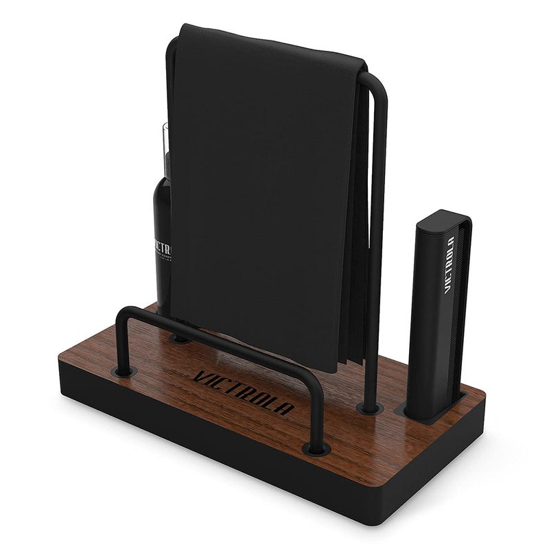 Victrola 'The Kit' - A Vinyl Record Cleaning Kit, Doubles as a Record Stand, Includes Anti-Static Brush, Cleaning Solution, Cloth, Espresso Wood Finish Stand with Smart Black Metal Accents - Image 1