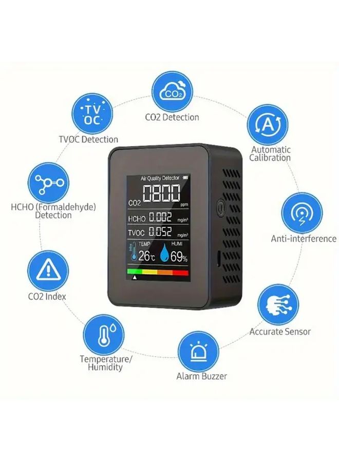 5 In 1 Advanced Air Quality Monitor Accurate Carbon Dioxide Detector Formaldehyde Temperature Humidity TVOC Sensor Large LCD Display Real Time Gas Analysis USB Charging Compact Design Lithium Battery for Home Office - Image 3