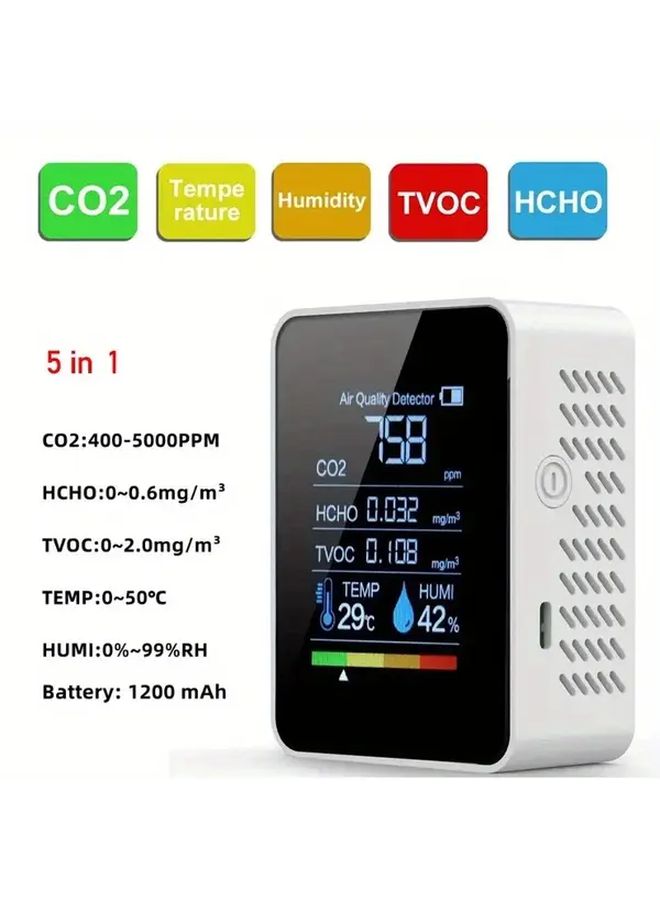 5 In 1 Advanced Air Quality Monitor Accurate Carbon Dioxide Detector Formaldehyde Temperature Humidity TVOC Sensor Large LCD Display Real Time Gas Analysis USB Charging Compact Design Lithium Battery for Home Office - Image 2
