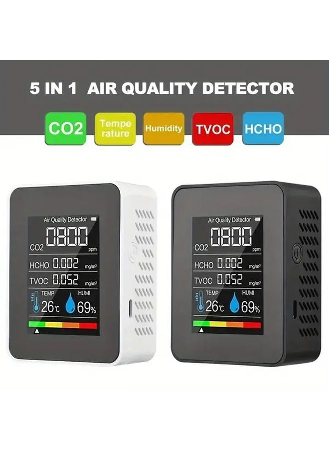 5 In 1 Advanced Air Quality Monitor Accurate Carbon Dioxide Detector Formaldehyde Temperature Humidity TVOC Sensor Large LCD Display Real Time Gas Analysis USB Charging Compact Design Lithium Battery for Home Office - Image 1