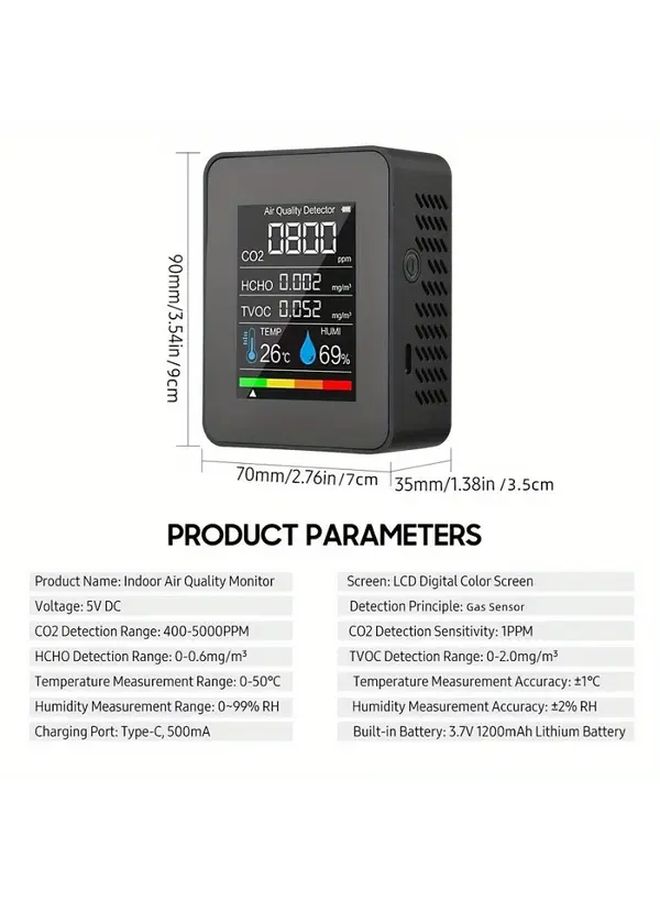 5 In 1 Advanced Air Quality Monitor Accurate Carbon Dioxide Detector Formaldehyde Temperature Humidity TVOC Sensor Large LCD Display Real Time Gas Analysis USB Charging Compact Design Lithium Battery for Home Office - Image 5