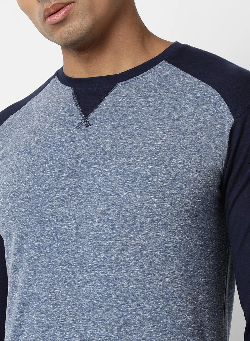 Campus Sutra Men's Blue Colourblocked Regular Fit Casual T-Shirt
