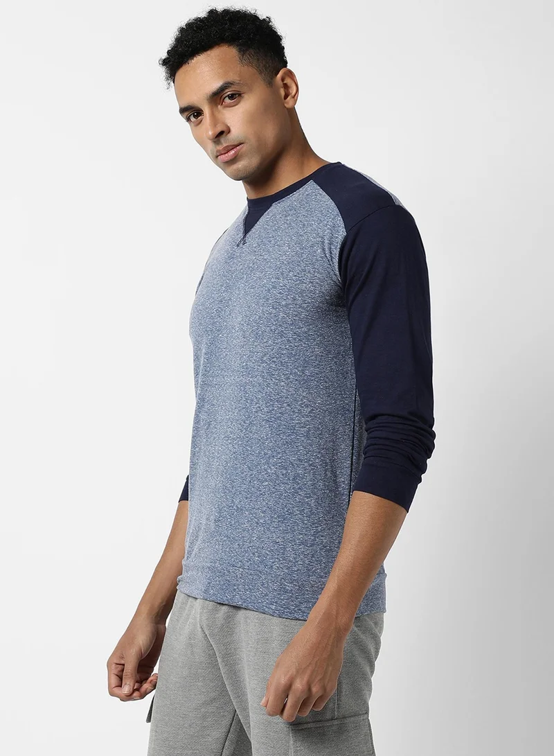 Campus Sutra Men's Blue Colourblocked Regular Fit Casual T-Shirt