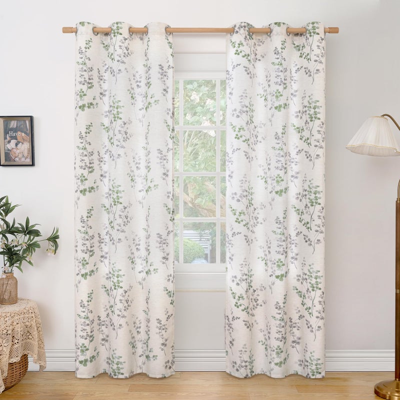 BGment Linen Curtains for Living Room 84 Inch Length 2 Panels Set Floral Leaf Patterns  Light Filtering Privacy Window Curtains for Bedroom Boho Farmhouse Vintage  Each 42 Inch Wide  Grass Green - Image 1