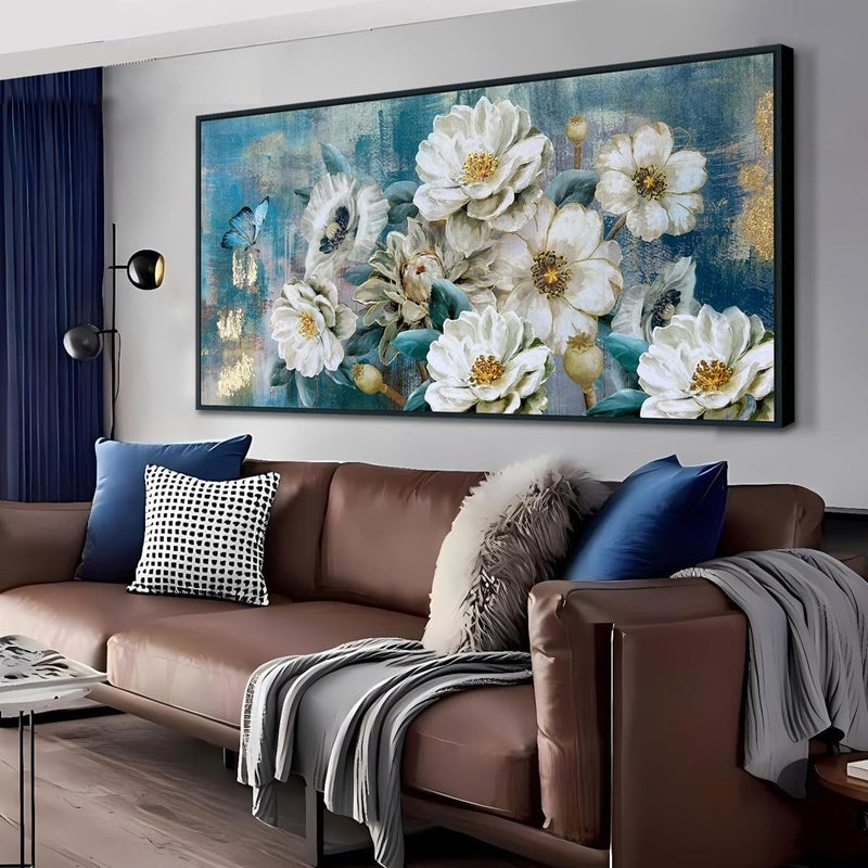 Arjun Flower Canvas Wall Art White Elegant Modern Picture Gold Foil Colorful Painting Turquoise Floral Teal Artwork for Living Room Bedroom Bathroom Home Office Decor, Black Wood Framed Large 40"x20" - Image 1