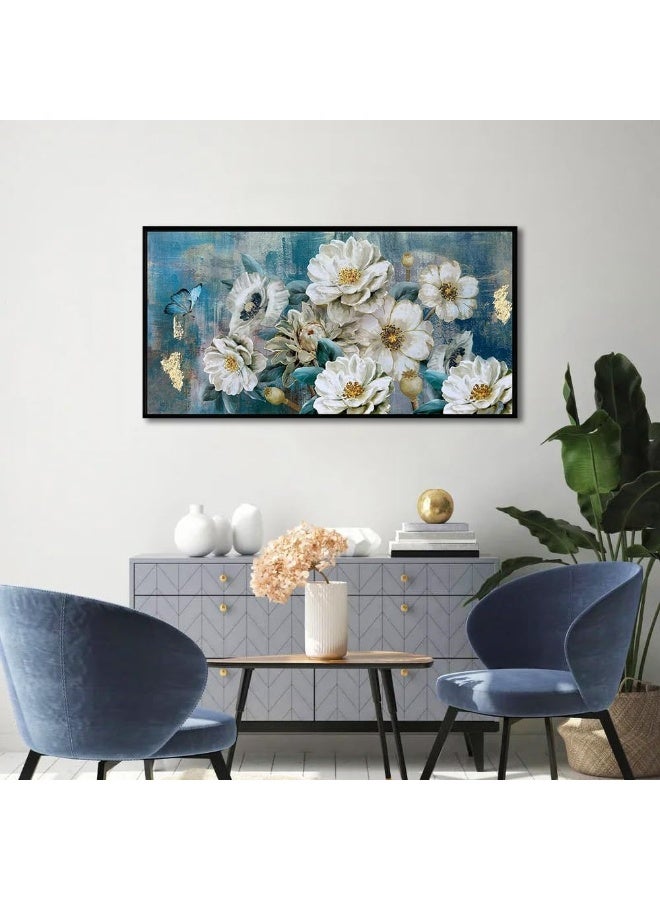 Arjun Flower Canvas Wall Art White Elegant Modern Picture Gold Foil Colorful Painting Turquoise Floral Teal Artwork for Living Room Bedroom Bathroom Home Office Decor, Black Wood Framed Large 40"x20" - Image 4