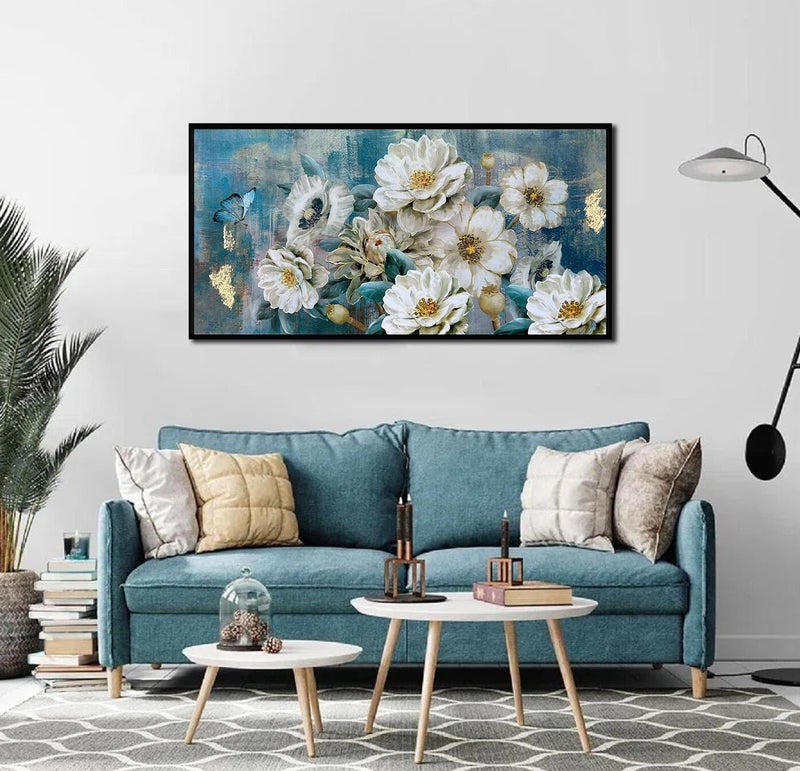 Arjun Flower Canvas Wall Art White Elegant Modern Picture Gold Foil Colorful Painting Turquoise Floral Teal Artwork for Living Room Bedroom Bathroom Home Office Decor, Black Wood Framed Large 40"x20" - Image 3