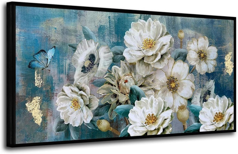 Arjun Flower Canvas Wall Art White Elegant Modern Picture Gold Foil Colorful Painting Turquoise Floral Teal Artwork for Living Room Bedroom Bathroom Home Office Decor, Black Wood Framed Large 40"x20" - Image 2