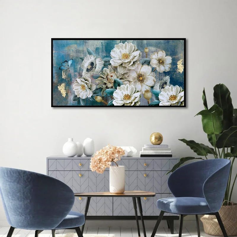 Arjun Flower Canvas Wall Art White Elegant Modern Picture Gold Foil Colorful Painting Turquoise Floral Teal Artwork for Living Room Bedroom Bathroom Home Office Decor, Black Wood Framed Large 40"x20" - Image 5