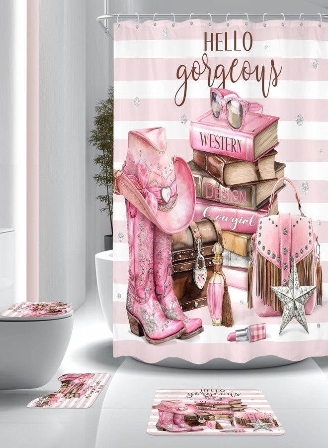 Cinbloo 4Pcs White Pink Shower Curtain Set, Western Cowgirl Fashion Diamond Boots Striped Hats Bathroom Curtain with Rug, Toilet Lid Cover, Bath Mat, Women Girls Books Shower Curtain with 12 Hooks - Image 1