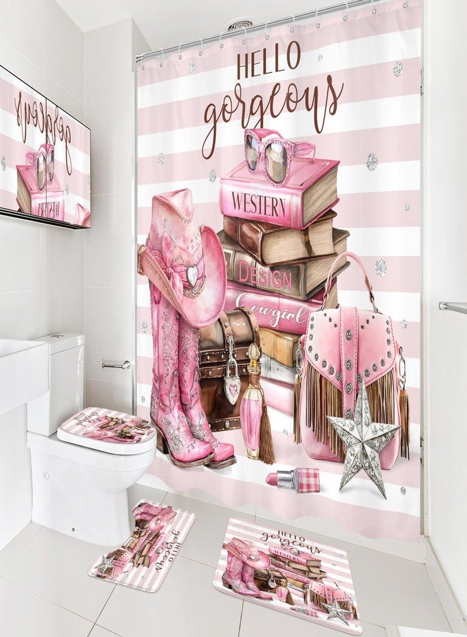 Cinbloo 4Pcs White Pink Shower Curtain Set, Western Cowgirl Fashion Diamond Boots Striped Hats Bathroom Curtain with Rug, Toilet Lid Cover, Bath Mat, Women Girls Books Shower Curtain with 12 Hooks - Image 2