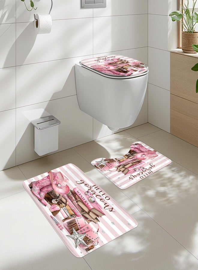 Cinbloo 4Pcs White Pink Shower Curtain Set, Western Cowgirl Fashion Diamond Boots Striped Hats Bathroom Curtain with Rug, Toilet Lid Cover, Bath Mat, Women Girls Books Shower Curtain with 12 Hooks - Image 3