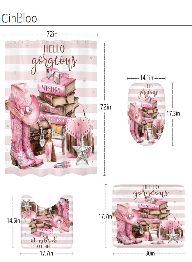 Cinbloo 4Pcs White Pink Shower Curtain Set, Western Cowgirl Fashion Diamond Boots Striped Hats Bathroom Curtain with Rug, Toilet Lid Cover, Bath Mat, Women Girls Books Shower Curtain with 12 Hooks - Image 5