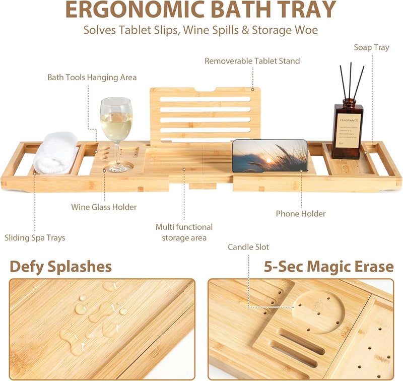 Realgulf Bamboo Bathtub Tray | Splash-Proof Adjustable (28-40 Inch) | Non-Slip Pads, Wine Holder & Tablet Stand | Bath Relaxation & Reading Essentials - Image 2