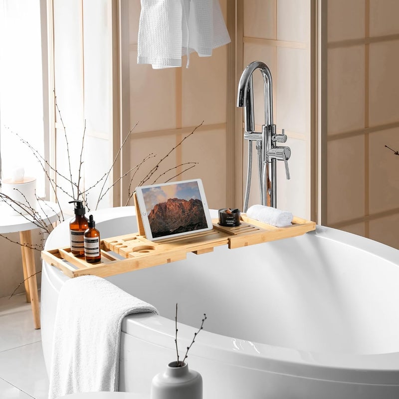 Realgulf Bamboo Bathtub Tray | Splash-Proof Adjustable (28-40 Inch) | Non-Slip Pads, Wine Holder & Tablet Stand | Bath Relaxation & Reading Essentials - Image 3