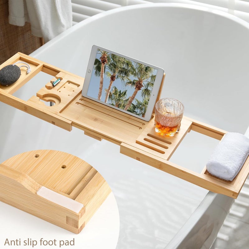 Realgulf Bamboo Bathtub Tray | Splash-Proof Adjustable (28-40 Inch) | Non-Slip Pads, Wine Holder & Tablet Stand | Bath Relaxation & Reading Essentials - Image 4