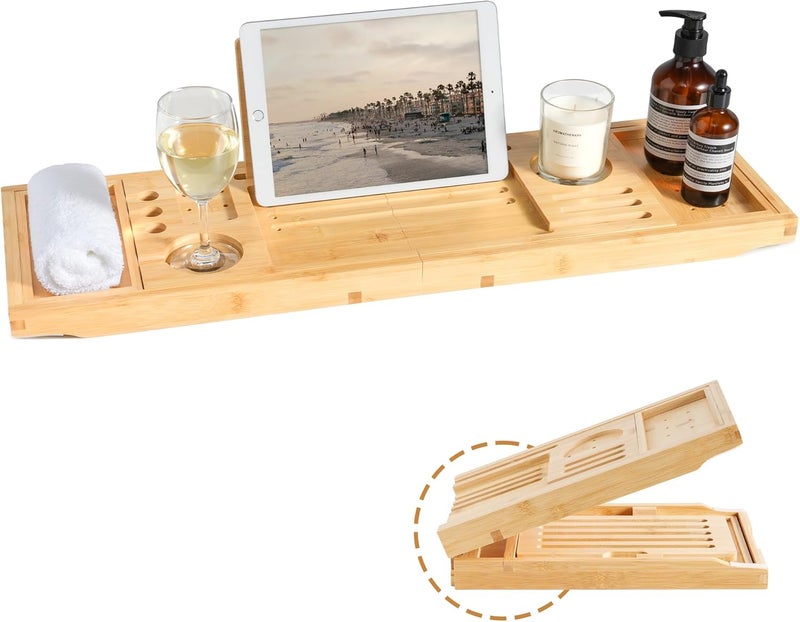 Realgulf Bamboo Bathtub Tray | Splash-Proof Adjustable (28-40 Inch) | Non-Slip Pads, Wine Holder & Tablet Stand | Bath Relaxation & Reading Essentials - Image 1