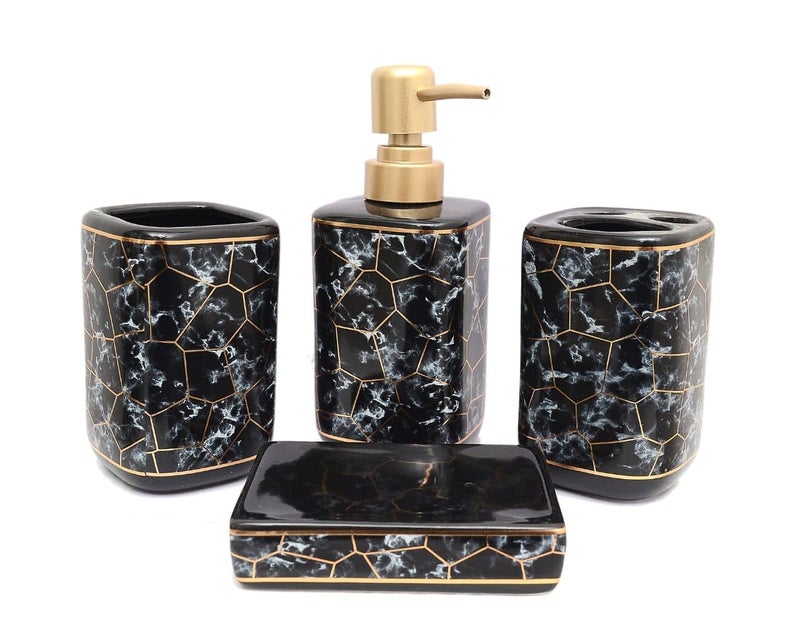 Skywalk Ceramic Bathroom Set of 4 Pcs - Soap Dispenser, Beaker/Tumbler, Soap Dish, Brush Holder for Bathroom Décor and Home Gift Set - Image 1